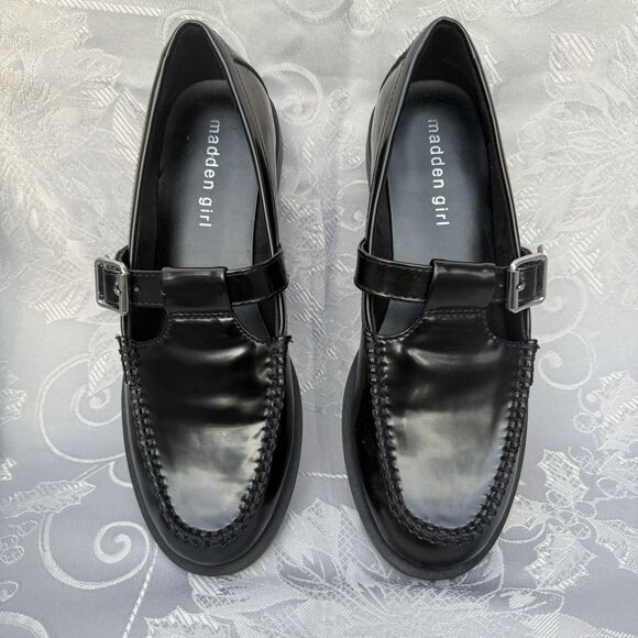 Madden Girl Moccha T-Strap Mary-Jane Patent Black Tailored Loafers Shoes Size 7 - Picture 3 of 7